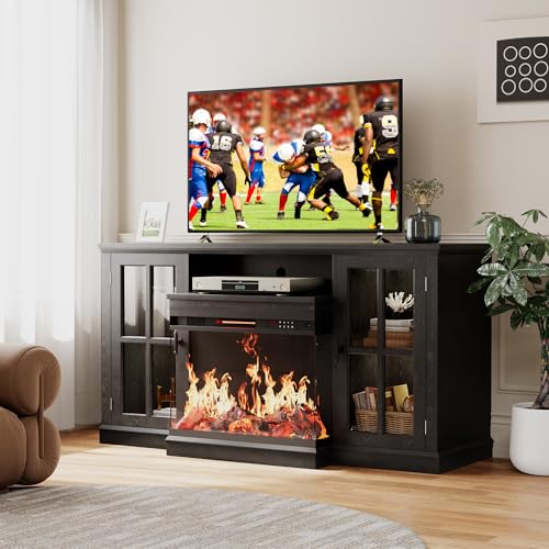 Flamaker Fireplace TV Stand for TVs up to 65'', 3-Sided Glass Media Entertainment Center Console with Storage, Adjustable Flame LED Color for Living Room (Black) Flamaker
