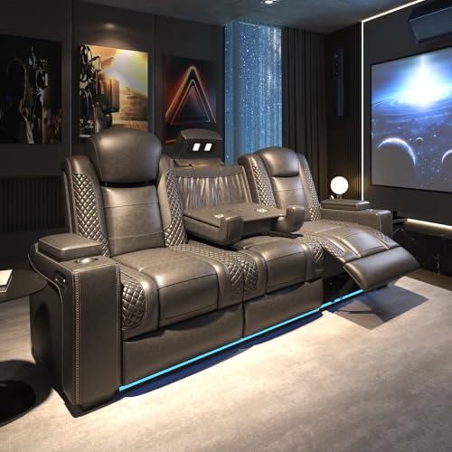 VanAcc Home Theater Seating, Power Movie Loveseat Recliner with USB & Wireless Charging, 3 Seats Leather Sofa Couch for Living Room Gaming, Electric Headrest, Tray Table, Ambient Lighting