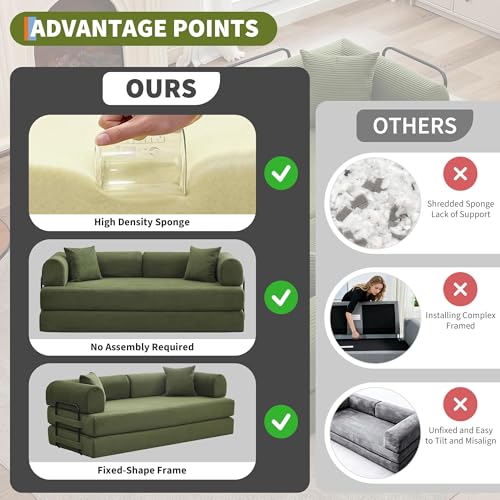 IDEALHOUSE 4 in 1 Convertible Sleeper Sofa Bed Couch, 79 Inch Boneless Corduroy Floor Couch with Pillows, No Assembly, Modern Deep Seat Sofa Futon Mattress for Living Room,Apartment,Green IDEALHOUSE