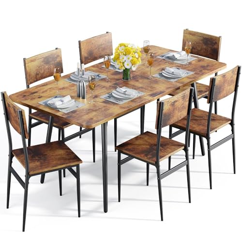 Qsun 63” Extendable Dining Table Set for 4-6 People, 7-Piece Dining Table Set for 6 People with 6 Chairs, MDF Wood Board Kitchen Table Set for Small Qsun