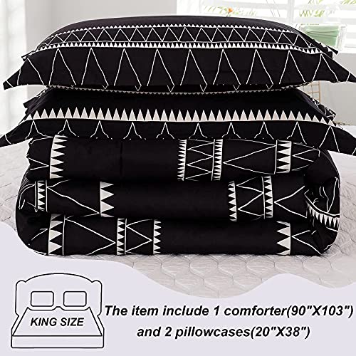 WONGS BEDDING Black Comforter Set King Size (104"x 90"), Reversible Boho Striped Bedding Set for King Bed - 3 Pieces (1 Comforter + 2 Pillowcases), Soft Microfiber Down Alternative WONGS BEDDING