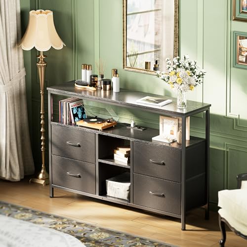 Huuger TV Stand Dresser with Power Outlets and LED Lights, 4 Drawers Entertainment Center with Open Shelf, Media Console for 50 43 Inch TV, Dresser with PU Finish, Black Huuger