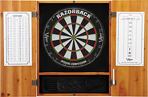 Viper Metropolitan Solid Wood Cabinet & Sisal/Bristle Dartboard Ready-to-Play Bundle: Premium Set (Razorback Dartboard and Darts), Oak Finish Viper by GLD Products