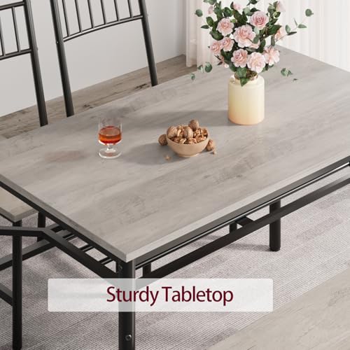 GarveeHome Dining Table Set for 4, Kitchen Table and Chairs for 4 with Wine Rack, Room Dining Table Set with Storage Benches, Rectangular Kitchen Table Set for Small Space, Apartment, Retro Gray GarveeHome