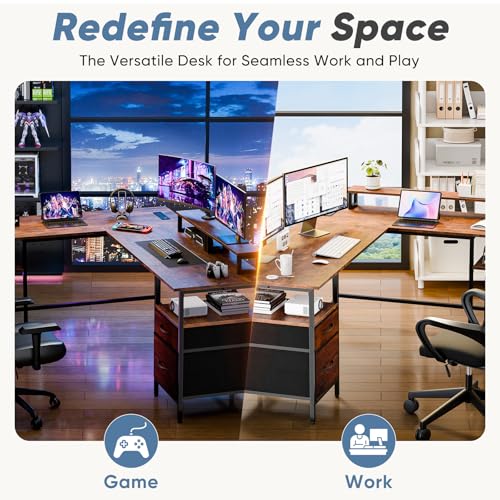 DUMOS 62 Inch L Shaped Gaming Desk with Charging Station & 2 Monitor Stands, Computer Desk with Drawer & Adjustable Storage Shelves, Large Corner Desk for Home Office, Rust Brown DUMOS