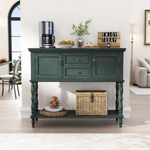 ARTPOWER Console Table with 2 Drawers, Retro Entryway Table with 2 Door Cabinets and Open Storage Shelf, Narrow Long Behind Couch Sofa Table for Living Room, Foyer, Hallway, Green ARTPOWER