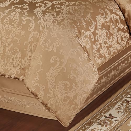Monaco Luxury Bedding | Royal Monochromatic Metallic Gold | Puff Jacquard-Woven Acanthus Damask and Scrollwork | 4-Pc Bed Set Includes Oversized California King Comforter, Bedskirt, and 2 King Shams J. Queen New York