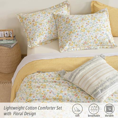 ALEISSEL Natural Cotton 2pcs Floral Comforter Sets Twin Size-Yellow Comforter with Pink & Yellow Flowers and Blue & Green Leaves on White, Reversible Lightweight Bedding Sets(Twin 68"×90") ALEISSEL