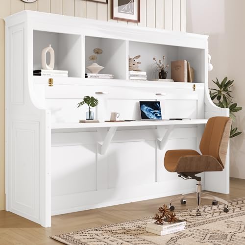 Twin Size Murphy Bed with Hidden Foldable Bed & Desk & Storage Shelves,Wood Folding Hideaway Wall Bed Cabinet with Space-Saving for Small Space Apartments Guest Room,No Box Spring Needed,White FUvellamo