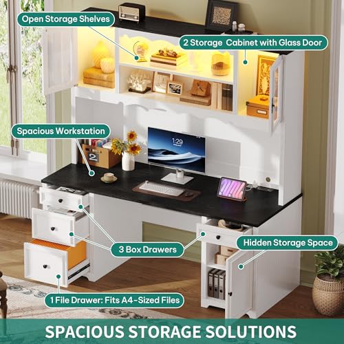 DWVO Executive Desk with Hutch and Power Outlets, Computer Desk with Drawers & LED Lights, Farmhouse Home Office Desks with Storage Shelves, White & Black DWVO