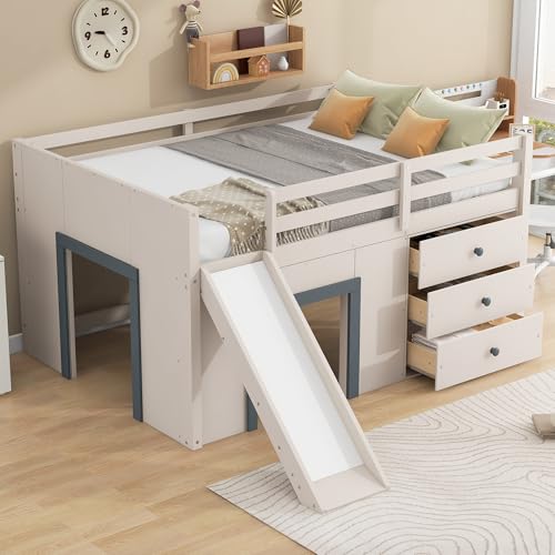 Quarte Full Size Kids Low Loft Bed with Slide,Three Storage Drawers and Two Doors,Solid Wood & MDF Construction, No Box Spring Needed Quarte