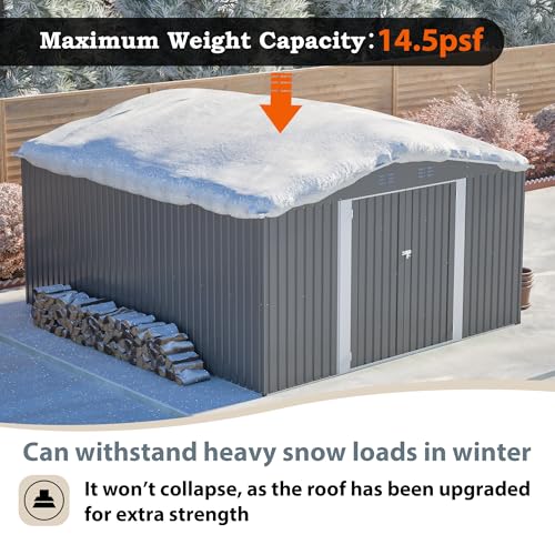 YOPTO 12x14FT Outdoor Storage Shed Metal Shed W/Floor Frame,Garden Tool House W/ 4 Air Vents,Lockable Double Doors & Sloped Roof,for Patio,Lawn,Backyard,Light Gray YOPTO