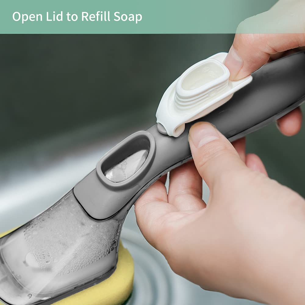 CQT Soap Dispensing Dish Brush Storage Set, Dish Scrubber with Handle, Kitchen Washing Brush for Pot Pan Sink Cleaning, Kitchen Brush with Holder and 1 Replaced Scouring Pad Head CQT