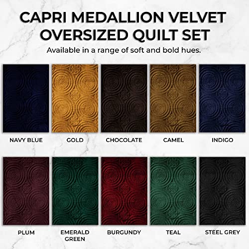 Tribeca Living Oversized Velvet Quilt Set Queen - Buttery Soft 260GSM Velvet Bedding for Luxurious Comfort - Double-Sided Capri Medallion Quilted Design in Rich Navy Blue Tribeca Living
