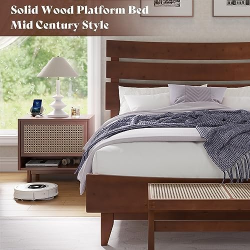 VanAcc King Size Solid Wood Bed Frame, Mid-Century Platform Bed with Slatted Headboard, Wood Slat Support/No Box Spring Needed/Walnut VanAcc