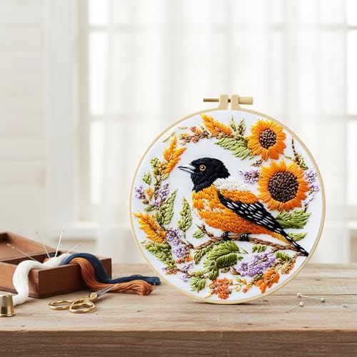 FRANDEK DIY Bird Embroidery Kit for Beginner, Stamped Handicraft Needlework Set, Full Thread Palette with Needles & Fabric for Adults, Artisan Handmade Home Decor Gift