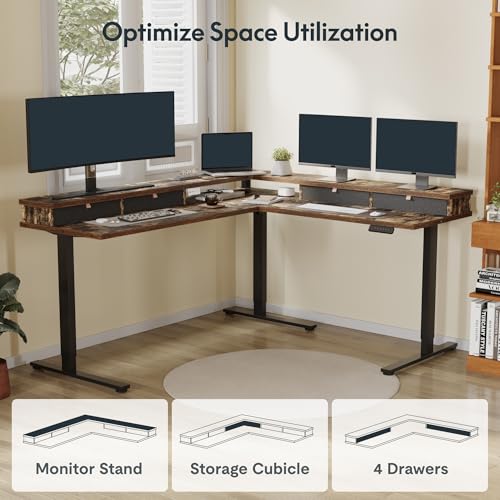 SANODESK 71" L Shaped Standing Desk with 4 Drawers, Height Adjustable Stand up Desk, Corner Gaming Desk with Monitor Stand, Black Frame/Rustic Brown Top SANODESK