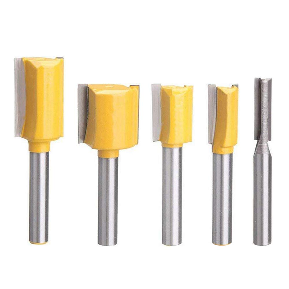 Bestgle Set of 5 Piece Straight Dado Router Bit Set ,Double Flute Straight Bit Carbide Wood Milling Cutter Woodworking Tools, Cutting Diameter 1/4",3/8",1/2",5/8",3/4"(Yellow, 1/4-Inch Shank ) Bestgle