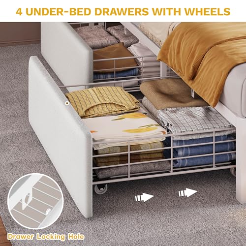 DWVO King Size Bed Frame with RGB LED Lights & Storage Bookcase Headboard, Upholstered Bed with Charging Station and 4 Drawers, No Box Spring Needed, Easy Assembly, Noise-Free, PU Leather White DWVO