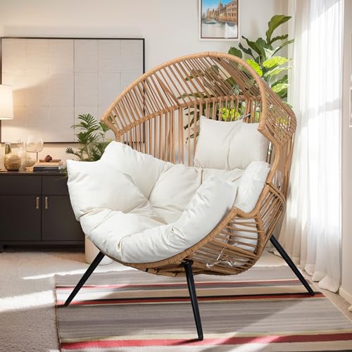 Vongrasig Wicker Egg Chair PE Rattan Chair with Cushion, Oversized Patio Lounge Chair for Outdoor, Indoor, Balcony, Backyard, Garden, Beige Vongrasig