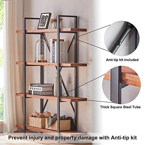 HSH Rustic 4-Tier Natural Wood Bookshelf with Industrial Metal Frame - Distressed Brown Etagere for Home and Office Storage HSH