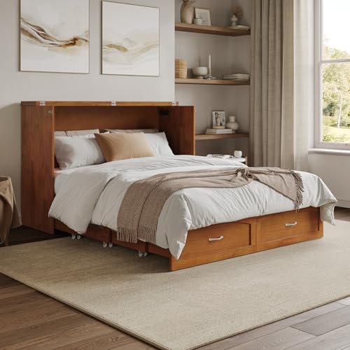 AFI, Marion Queen Wood Murphy Bed Chest with 6" Mattress, Storage Drawer, & Built-in Charger, Light Toffee AFI