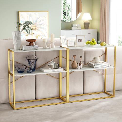 Giantex 36" Narrow Console Table, 2-Tier Entryway Tables with Faux Marble Top & Heavy-Duty Metal Frame, Behind Couch Table, Modern Sofa Tables with Open Storage Shelves for Entrance, Living Room,Foyer Giantex
