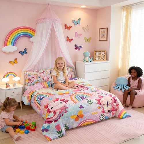 Feelyou Cute Axolotl Comforter Cartoon Salamander Comforter Set for Kids Boys Girls Rainbow and Butterflies Bedding Set Ombre Quilt Set Bedroom Collection 2Pcs Twin Size Feelyou