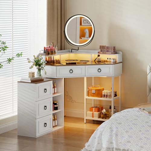 MDGC Corner Vanity Desk with Rotating Mirror and Lights,Glass Top Makeup Vanity with Human Body Senor&Charging Station,LED Vanity Table Set with 5 Drawers and Shelves for Bedroom MDGC