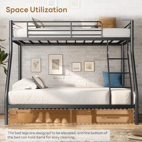 Metal Bunk Bed Twin Over Full Size, Heavy Duty Bunk Bedframe with Safety Guard & Ladder, Space-Saving, No Box Spring Needed, BunkBed Frame for Aldults Dorm Bedroom Guest Room (Black, Twin Over Full) OUEEEDD