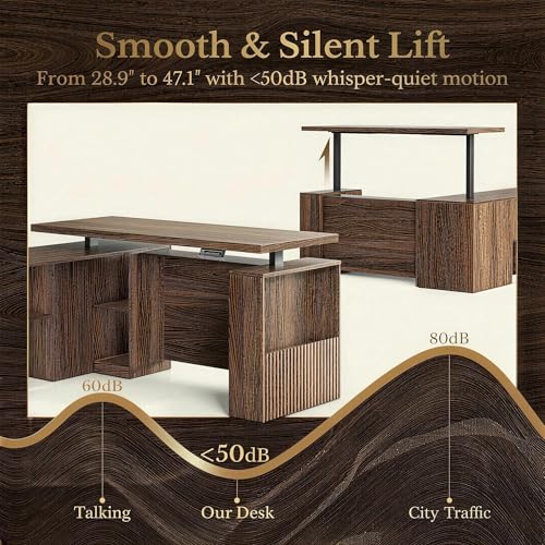Perledesign 70 Inches L Shaped Executive Standing Desk, Electric Height Adjustable Desk with File Cabinet, Computer Corner Table with AC/USB and Privacy Panel for Home and Office, Black Walnut Perledesign