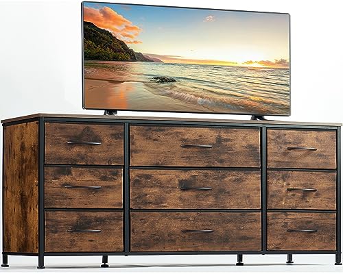 EnHomee Dresser TV Stand with Drawers, Media Console Table for 60 '', TV Console with 9 Drawers for Bedroom, Entertainment Center with Sturdy Metal Frame & Wood Top,Living Room,Closet, Rustic Brown EnHomee