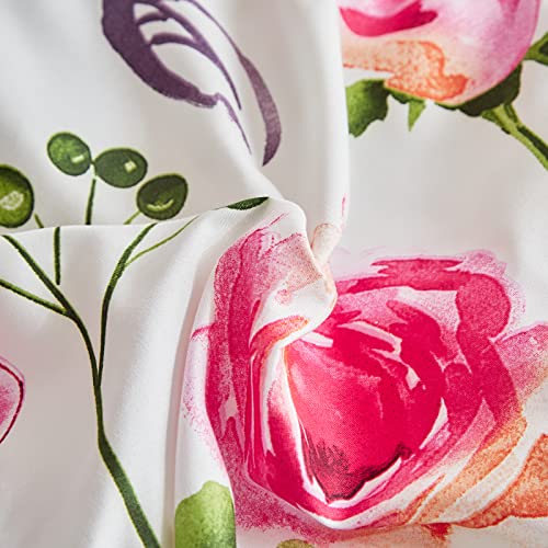 Shxime Floral Comforter Set 7 Pieces White with Green Leaves Pink Flowers Bed in a Bag King Size Reversible Bedding Set (1 Comforter 2 Pillow Shams 1 Flat Sheet 1 Fitted Sheet 2 Pillowcases) Shxime