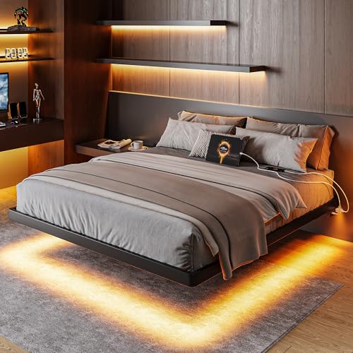 Feonase Queen Floating Bed Frame with Charging Station and Led Lights, Metal Bed Frame with Heavy Duty Steel Slats Supports, No Box Spring Needed, Easy Assembly, Noise Free, Black Feonase