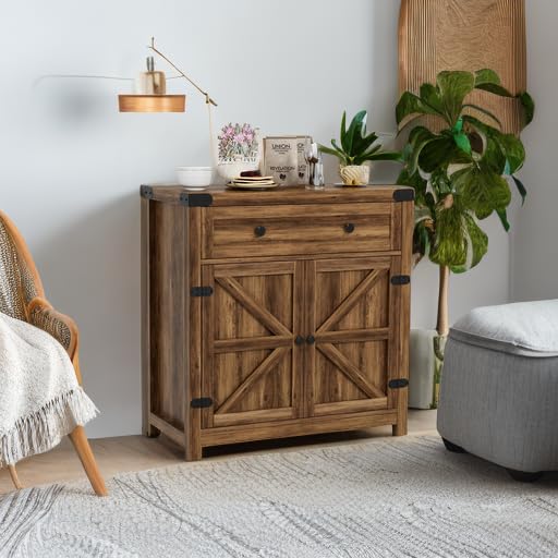 YESHOMY Coffee Bar Accent Cabinet, Farmhouse Barn Door Buffet Sideboard with Drawer and Adjustable Shelf, Wide Desktop for Kitchen, Dining Room, Bathroom, Entryway, Brown YESHOMY