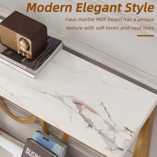 HOMISSUE Sofa Console Table, Modern Gold Console Table with Faux Marbled Tabletop, Engineered Wood Entryway Tables with 2 Tier Storage, Narrow Sofa Table for Living Room, Hallway (55 Inch, White&Gold) HOMISSUE