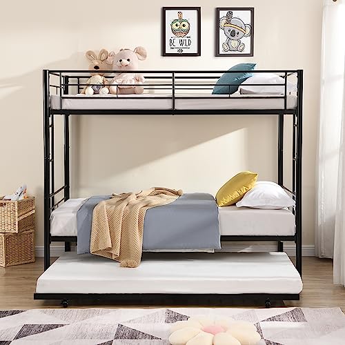 KEIKI Twin Over Twin Size Metal Detachable Bunk Bed Frame with Ladder, Trundle and Guardrail, Modern Style Bunk Beds with Slats, No Box Spring Required, Easy Assembly, for Bedroom or Dormitory, Black KEIKI