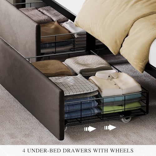 DWVO King Size Bed Frame with 4 Drawers and RGB LED Lights, Velvet Upholstered Platform Bed with Charging Station and Storage Headboard, No Box Spring Needed, Easy Assembly, Noise-Free, Grey DWVO
