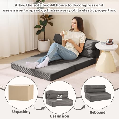 JUIKURY Folding Sofa Bed, Convertible Sleeper Chair with Pilow Foldable Matress, 2 in 1 Pull Out Loveseat Sofa Portable Fold Out Chair Bed Floor Couch Lounge for Living Room Bedroom (Grey, Full) JUIKURY