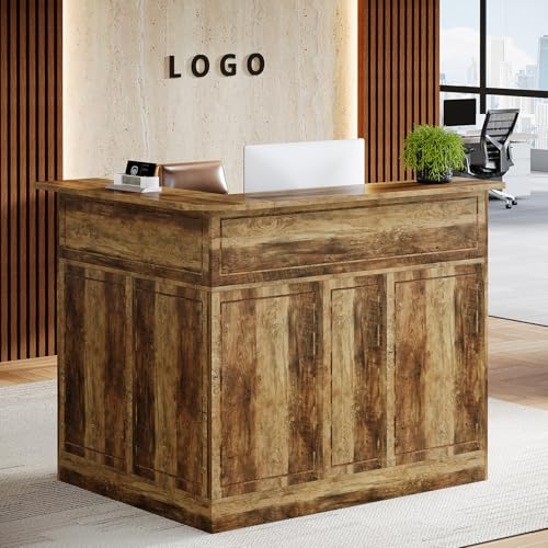 Tribesigns Reception Desk with Storage Shelves, L-Shaped Modern Front Desk, Reception Counter Table for Small Office, Salon, Checkout Office (Brown) Tribesigns