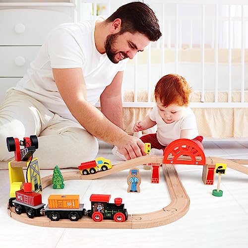 Qilay Wooden Train Set for Toddler - 39 Pcs Wooden Train Tracks with Crane, Bridge & 5 Wooden Trains - Train Toys for 3,4,5 Year Old Boys & Girls - Qilay