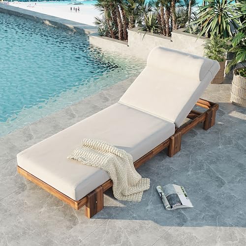 Hlcodca 78.8'' Outdoor Patio Chaise Lounge Chair, Acacia Wood Adjustable Recliner with Headrest, Perfect for Terrace, Poolside, Garden, and Beach (Beige-E)