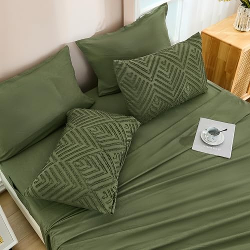 Andency King Size Comforter Set Olive Green - 7 Pieces Bed in a Bag King Boho Olive Green Bedding Comforter Sets, Tufted Bed Set with Comforter, Sheets, Pillowcases & Shams