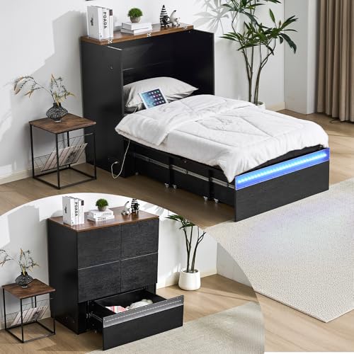 VINGLI Twin Size Murphy Bed with Storage Drawer,Smart LED Lighting & Built-in Charging Station, Space-Saving Cabinet Bed for Kids,Adults & Guests,Classic Black VINGLI