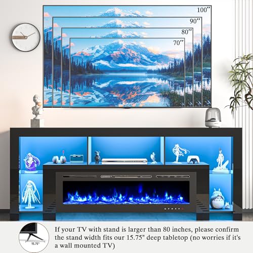 94.5" Fireplace TV Stand for TVs Up to 100", Gaming LED Entertainment Center with 50" Electric Fireplace, Modern High Gloss Media Console for Living Room, Glass Shelves & Open Storage, Black CayugaCrekrd