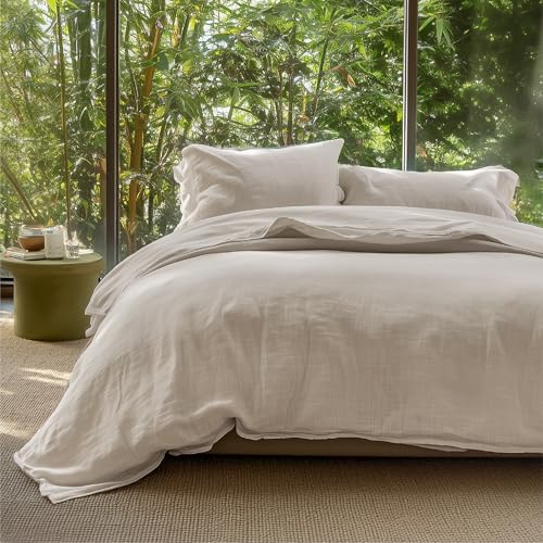 Bedsure Muslin Duvet Cover Queen Size - Cotton Blend Rayon Derived from Bamboo, Cooling Duvet Covet for Hot Sleepers - Ultra-Soft & Breathable Bedding Set for All Seasons(Oat Milk, 90"x90") Bedsure