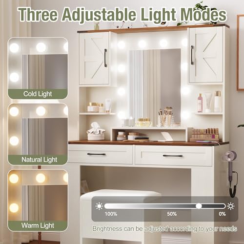 NUNU LAB Modern Makeup Vanity Desk with Mirror and Chair, Vanity Desk Set with Drawers, RGB Glass Cabinet and 3-Colour Hollywood Lights, White Vanity Table with Charging Station for Women Girls NUNU LAB
