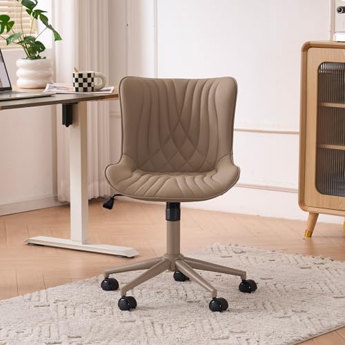 YOUTASTE All Khaki Office Chair, Modern Armless Desk Chair with Back, Adjustable Swivel Rolling Faux Leather Task Chair with Wheels Metal Base for Home Office, Study, or Vanity YOUTASTE