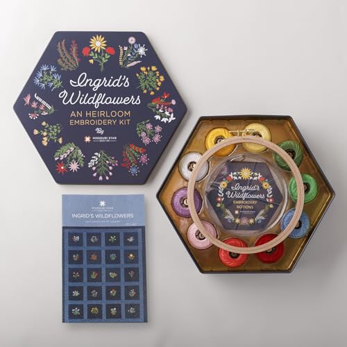 Ingrid's Wildflowers - an Heirloom Embroidery Kit by Missouri Star | Includes 20 Wildflower Designed Peel & Stitch Washaway Sheets, Colored Floss, Needles, Hoop, and Other Tools Needed for Embroidery