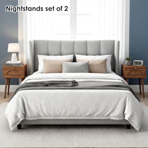 Fixwal Nightstands Set of 2 with Fluted Door, Small End Table with Solid Wood Feet for Bedroom Small Space, Modern Mid-Century Bedside Table, Natural Walnut, 13.8 x 10.6 x 21.3in Fixwal